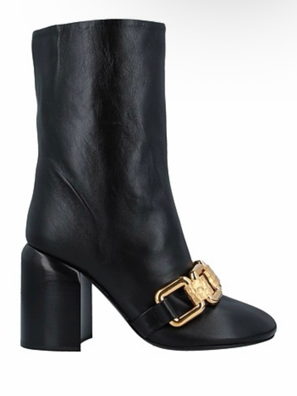 Jil Sander Black Leather Mid-Calf Boots with Gold Buckle